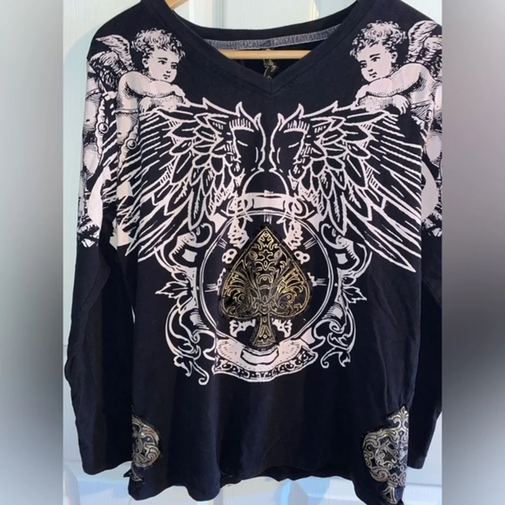 Black Spade Women’s Long Sleeve Shirt, Angels Written in Rhinestone Size Large - Picture 3 of 8